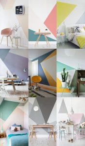 Diversos espaços com pinturas em formas geométricas, que combinam cores como: verde e rosa, azul e amarelo, roxo e cinza. 